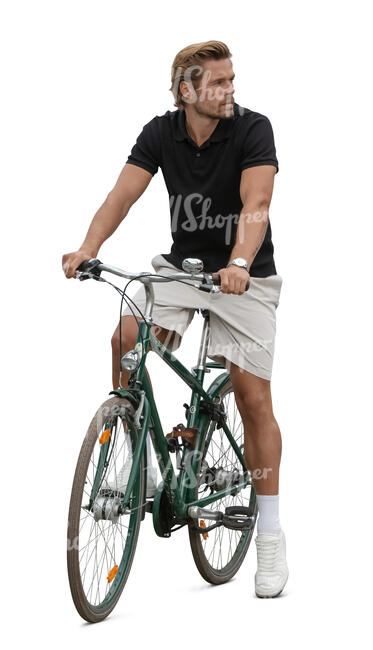 cut out man with a bike stopping and looking around