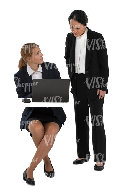 cut out businesswoman walking to another woman sitting behind the computer