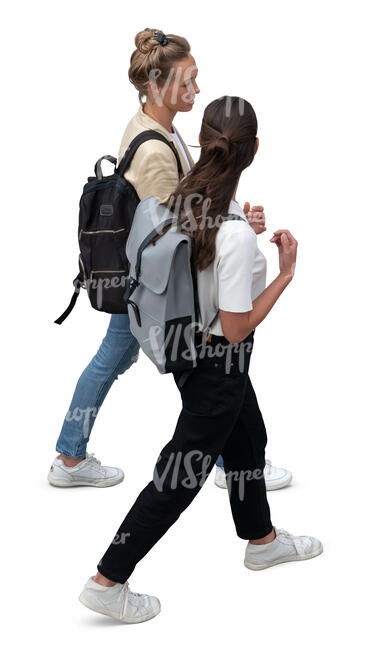 two girlfriends walking together seen from above