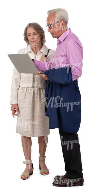 two senior office workers standing and talking