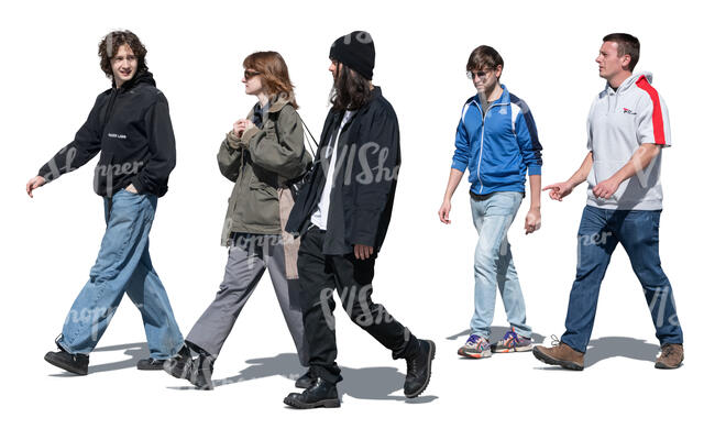 cut out group of five young people walking