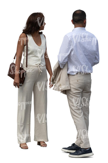 two people in summer suits standing and looking