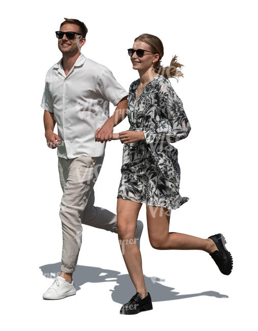 couple running hand in hand in summer