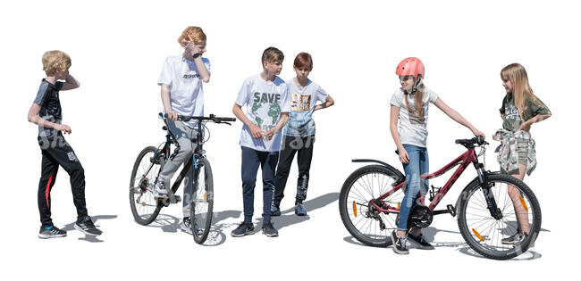 cut out group of children with bikes standing