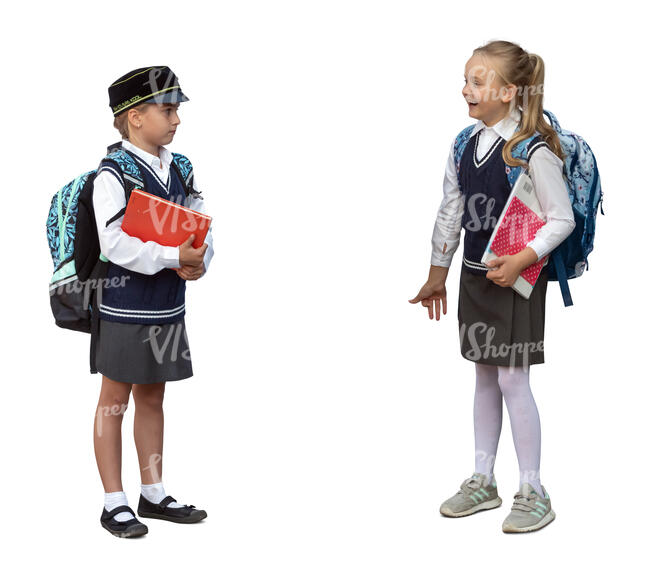 two cut out pupils standing and talking