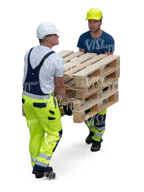 two workers carrying pallets seen from above