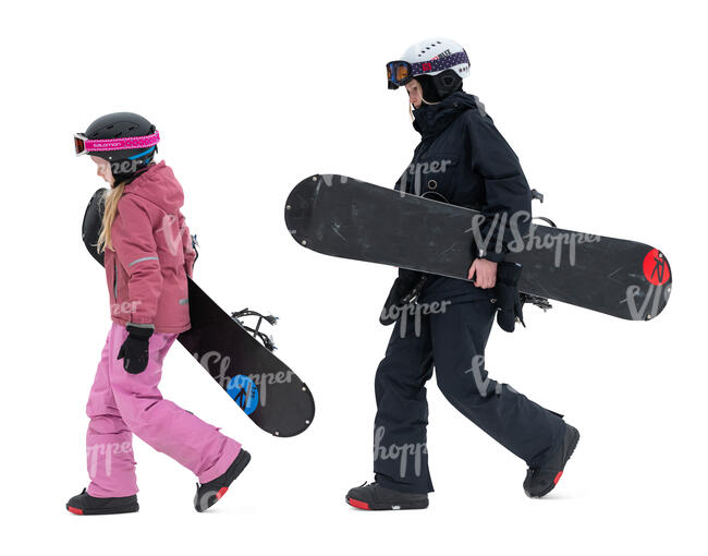 two girls with snowboards walking