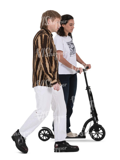 man and a woman with a scooter walking