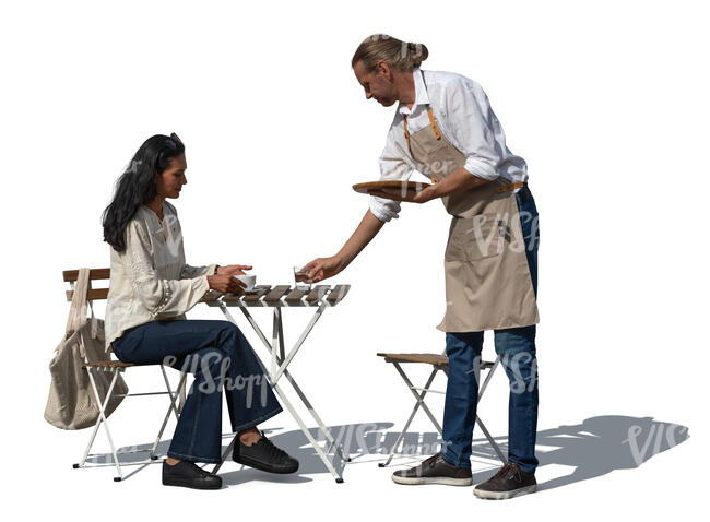 cut out waiter serving coffee to a woman sitting in a cafe