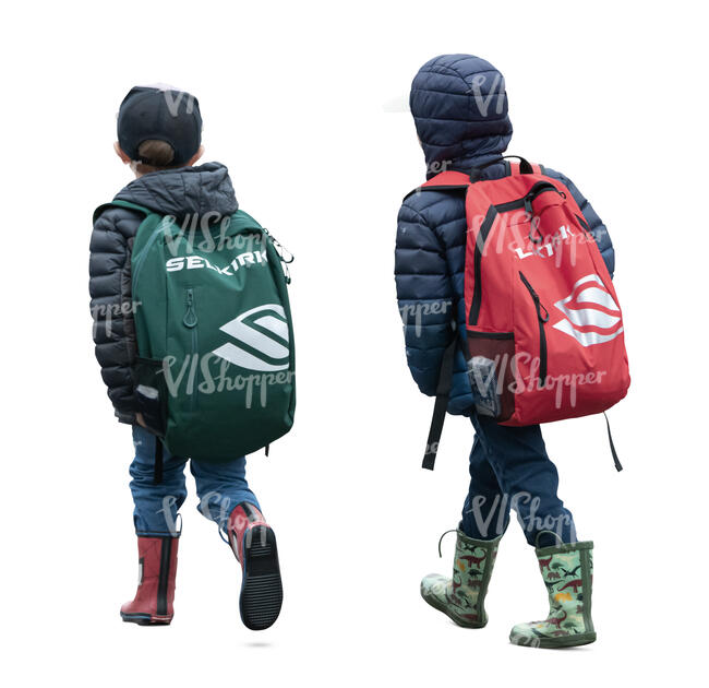 two cut out small children with school bags walking