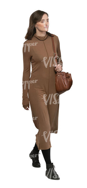 cut out woman in a brown dress walking