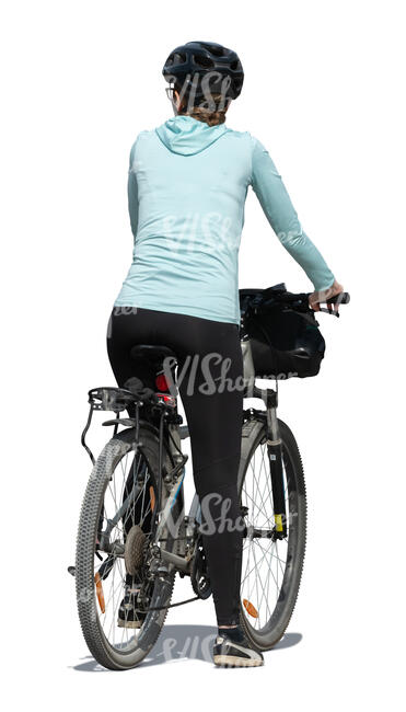 cut out sporty female biker stopping on the road