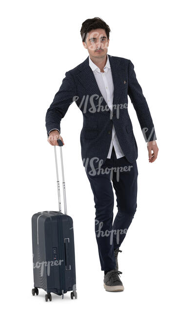 chic businessman with a travel suitcase walking