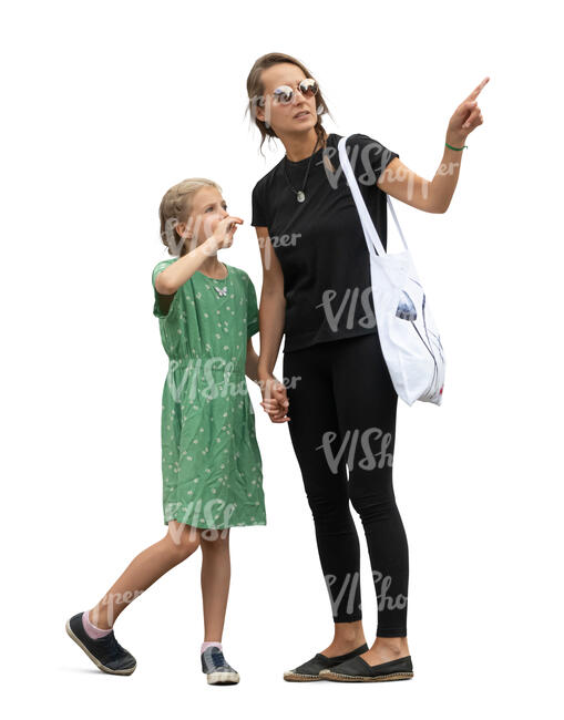 mother and daughter standing and pointing at smth