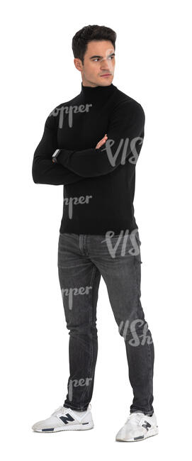 cut out man in a black turtle neck polo standing