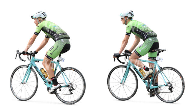 two cut out sporty bikers riding a bicycle