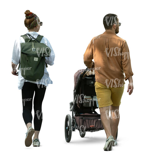 cut out family with a baby stroller walking in the park