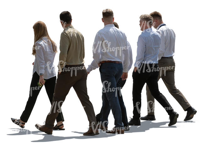 group of office workers walking outside