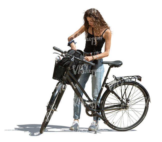 woman with a bike taking smth from her bag