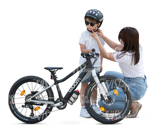 cut out woman putting a helmet on his son with a bike