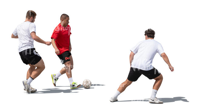 three cut out men playing street football