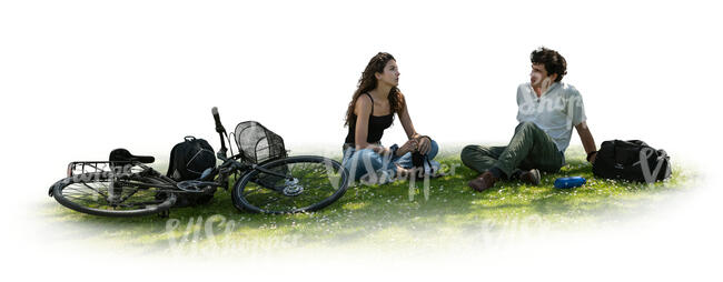 cut out man and woman with bikes sitting on the grass under a tree