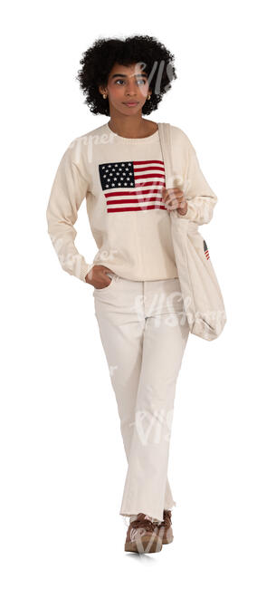 cut out black woman in a white casual outfit walking