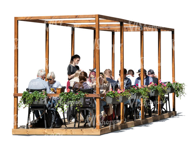 cut out street cafe with many people sitting and a waitress taking orders