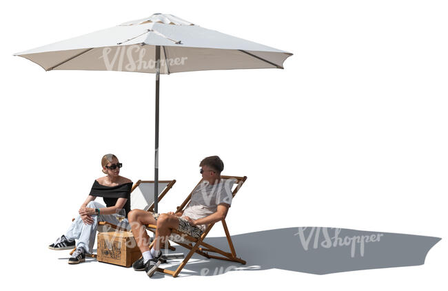 man and woman sitting under a parasol and talking