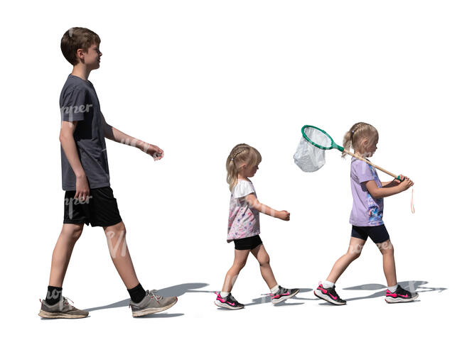 three cut out kids with a butterfly net walking