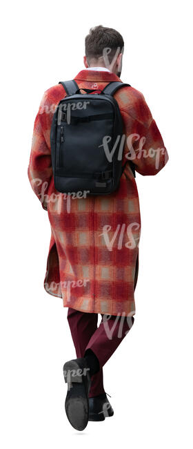 cut out man in a red coat walking