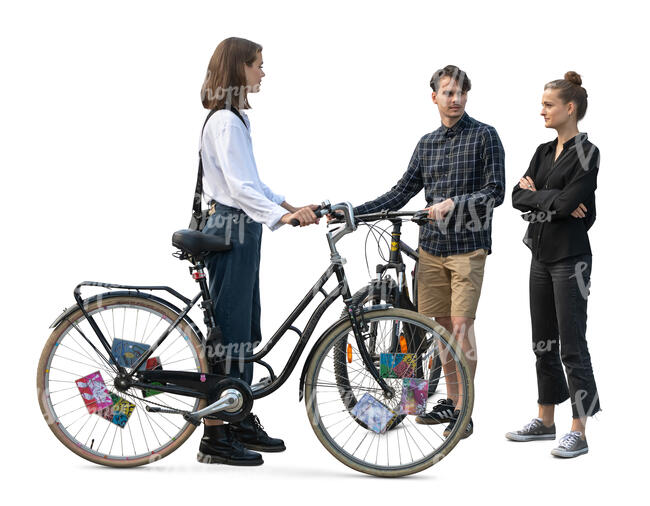 group of friends with bicycles standing and talking
