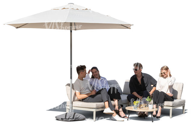 cut out group of friends relaxing on a sofa on a patio with parasol