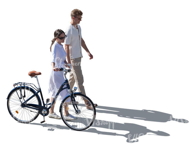top view of two people with bicycle walking hand in hand