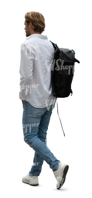 cut out man in a white shirt and a backpack walking