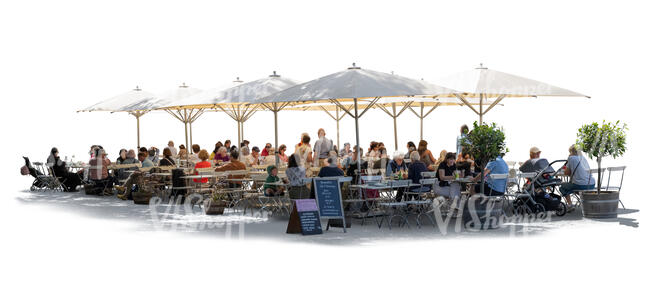 big outdoor cafe with parasols and people sitting