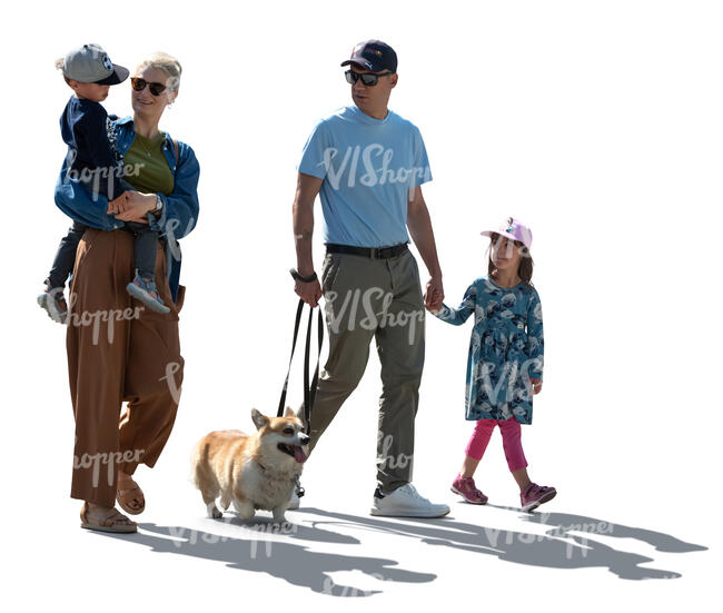 cut out backlit family with kids and a dog walking