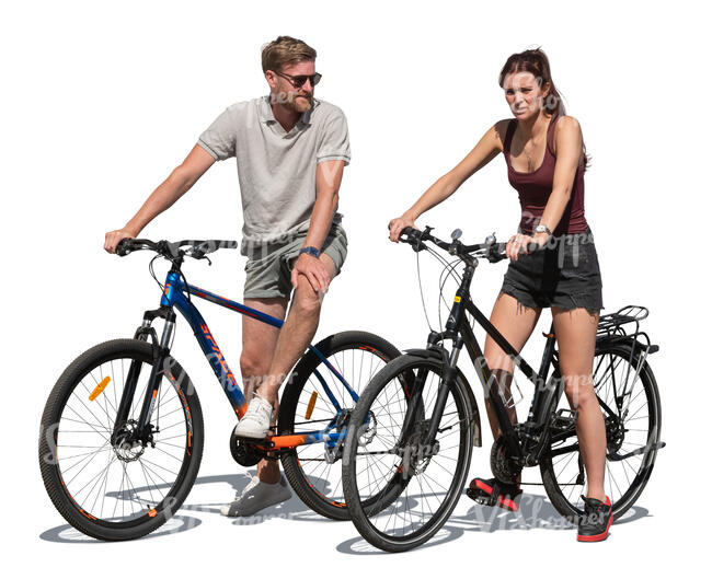 two cut out people on bikes stopping and talking