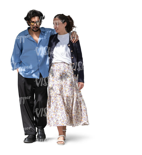 cut out couple in tree shade walking