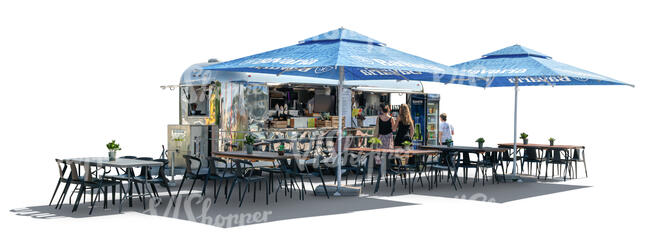 cut out food truck with tables and parasols and people