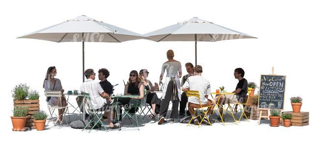 street cafe scene with parasols and people sitting and talking