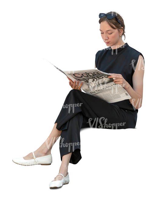 cut out woman in black sitting and reading a newspaper
