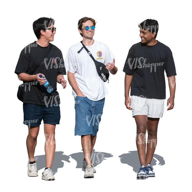 three young men from different races walking together