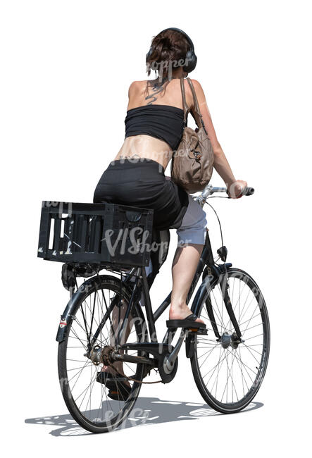cut out woman with headphones riding a bike