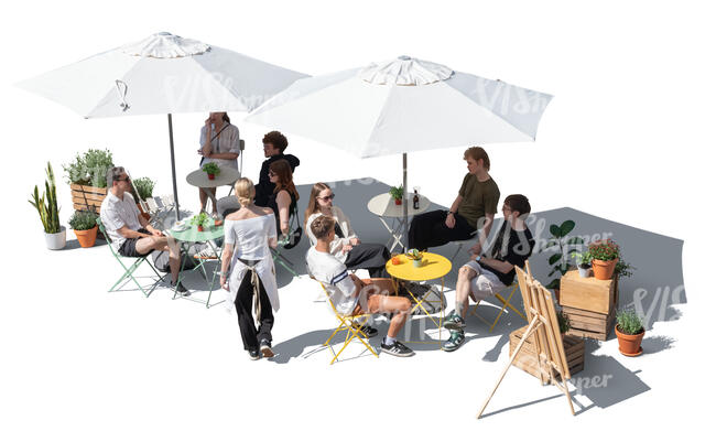 trendy hipster cafe with young people sitting and talking seen from above