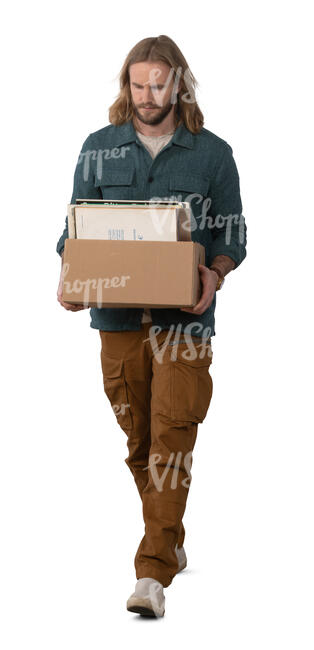 cut out man carrying a box full of old records