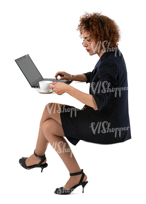 cut out businesswoman working and drinking coffee
