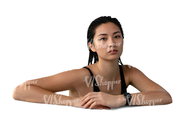 cut out asian woman leaning on a pool edge