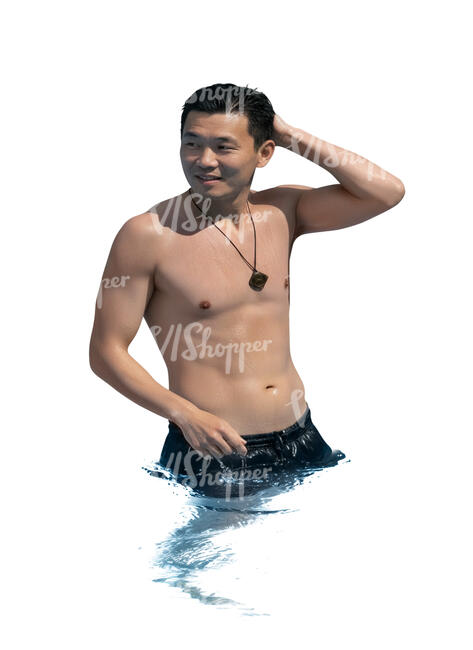 cut out asian man standing in the water in the pool