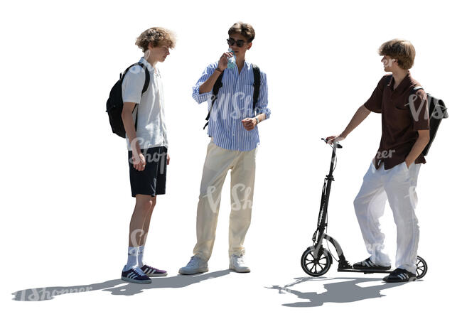 cut out group of backlit teenage boys standing and talking